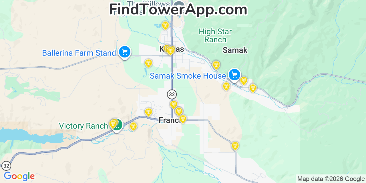 Map showing the 20 primary cell tower locations detected in Francis, Utah from AT&T, Verizon, and T-Mobile networks