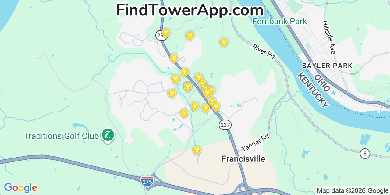 Map showing the 20 primary cell tower locations detected in Francisville, Kentucky from AT&T, Verizon, and T-Mobile networks