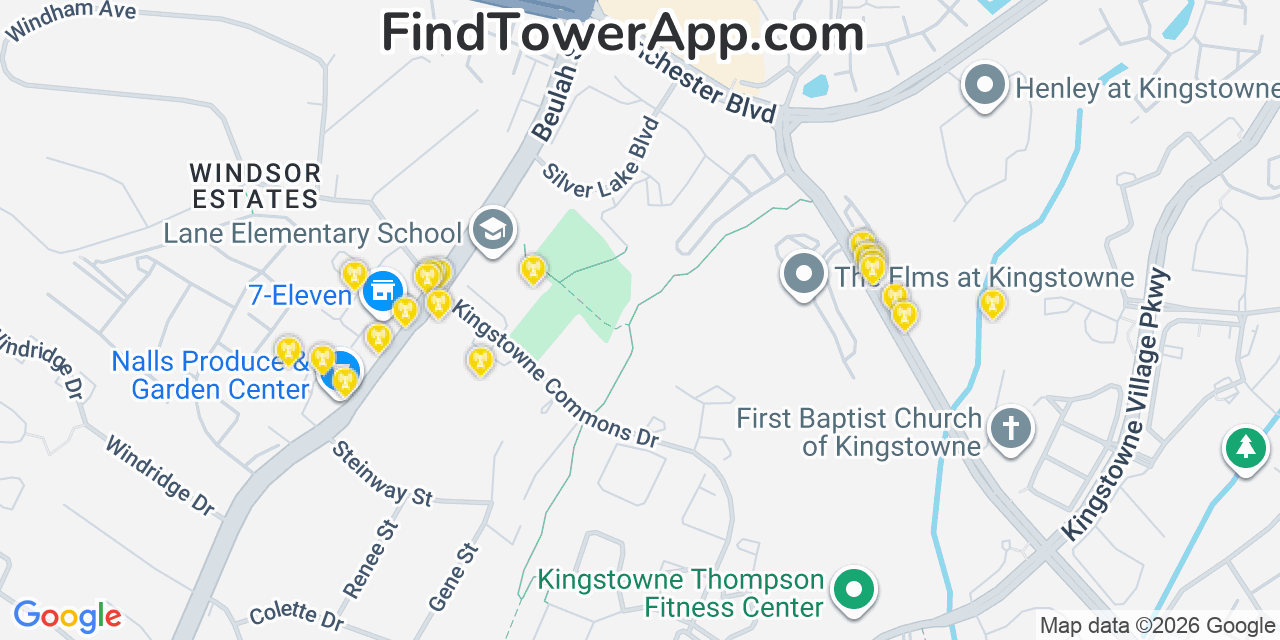 Map showing the 20 primary cell tower locations detected in Franconia, Virginia from AT&T, Verizon, and T-Mobile networks