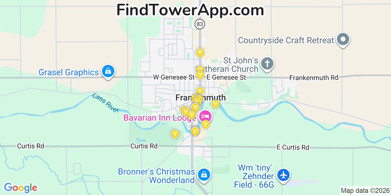 Map showing the 20 primary cell tower locations detected in Frankenmuth, Michigan from AT&T, Verizon, and T-Mobile networks