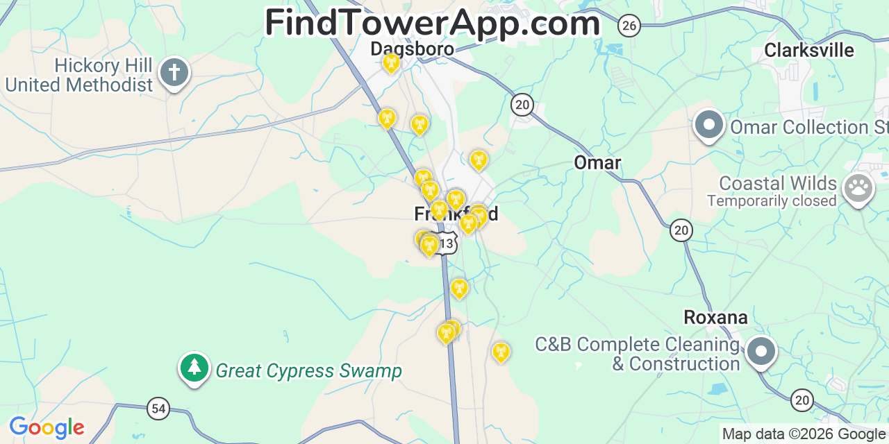 Map showing the 20 primary cell tower locations detected in Frankford, Delaware from AT&T, Verizon, and T-Mobile networks