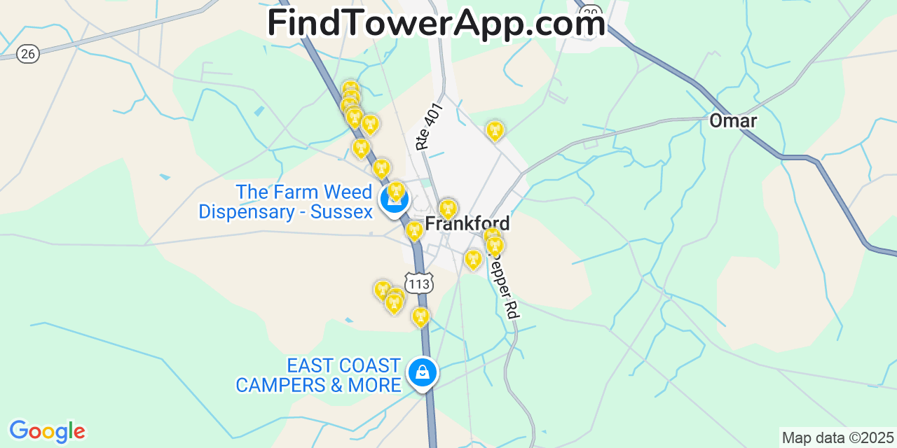 Frankford T-Mobile Cell Towers, Delaware - FindTower App