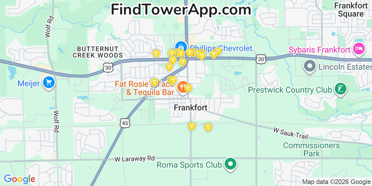 Map showing the 20 primary cell tower locations detected in Frankfort, Illinois from AT&T, Verizon, and T-Mobile networks