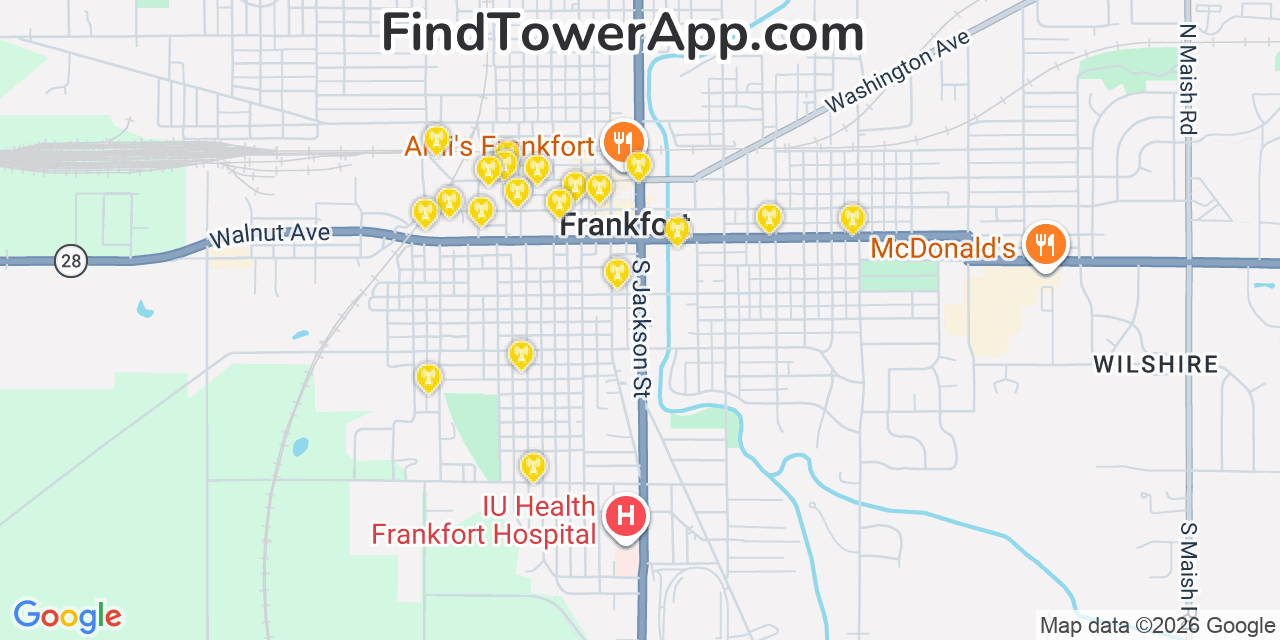 Map showing the 20 primary cell tower locations detected in Frankfort, Indiana from AT&T, Verizon, and T-Mobile networks