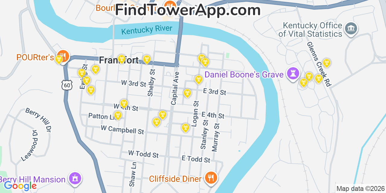Map showing the 20 primary cell tower locations detected in Frankfort, Kentucky from AT&T, Verizon, and T-Mobile networks