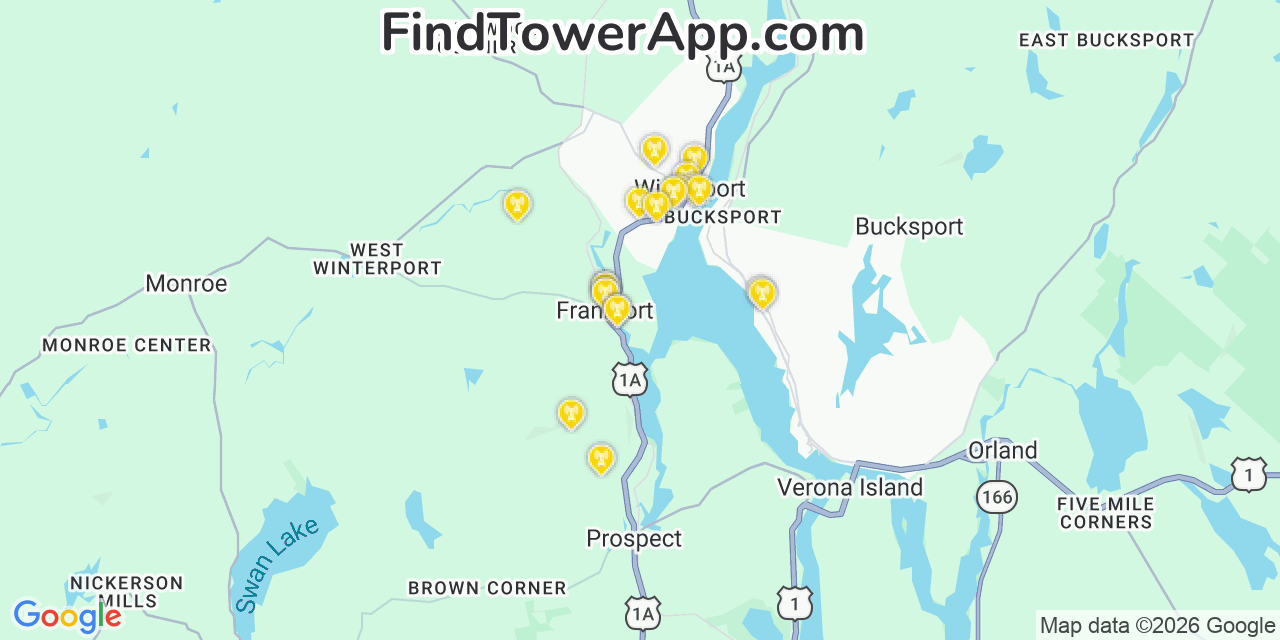 Map showing the 20 primary cell tower locations detected in Frankfort, Maine from AT&T, Verizon, and T-Mobile networks
