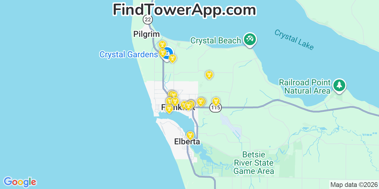 Map showing the 20 primary cell tower locations detected in Frankfort, Michigan from AT&T, Verizon, and T-Mobile networks