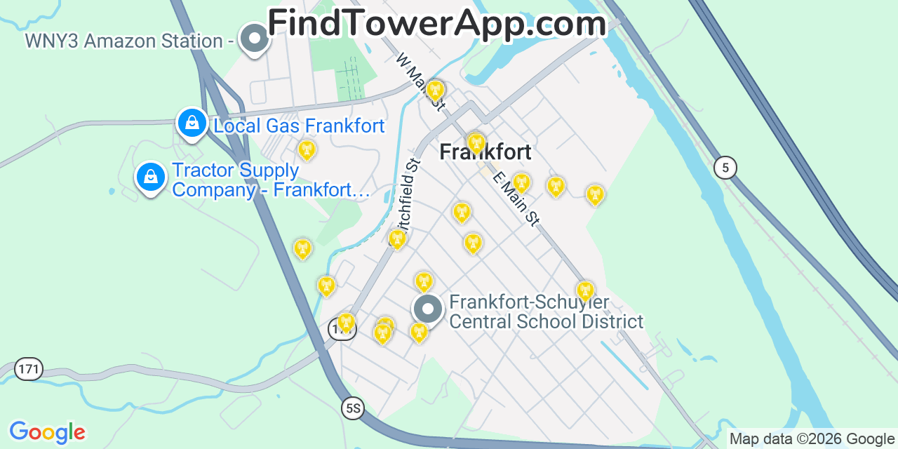 Map showing the 20 primary cell tower locations detected in Frankfort, New York from AT&T, Verizon, and T-Mobile networks