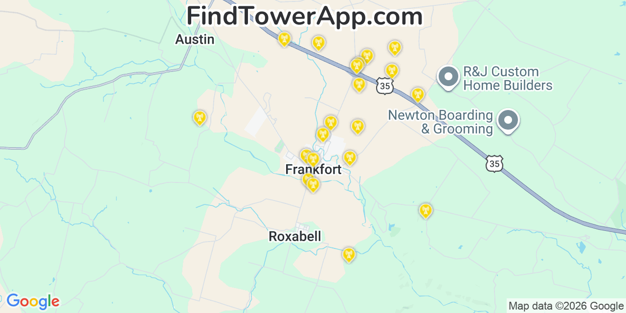 Map showing the 20 primary cell tower locations detected in Frankfort, Ohio from AT&T, Verizon, and T-Mobile networks