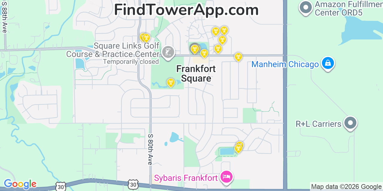 Map showing the 20 primary cell tower locations detected in Frankfort Square, Illinois from AT&T, Verizon, and T-Mobile networks