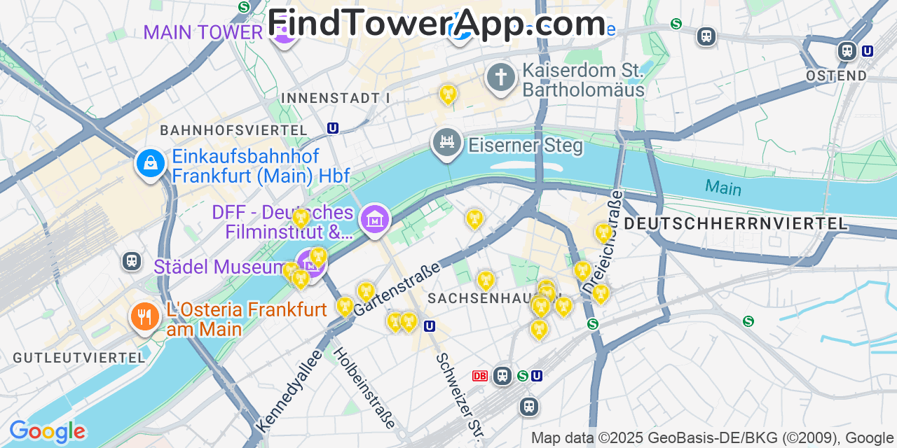 Map showing the 20 primary cell tower locations detected in Frankfurt, Germany with coverage areas and signal strength