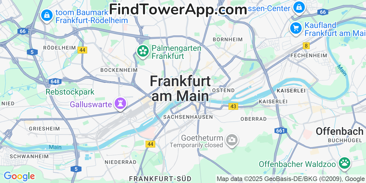Map showing the 0 primary Telekom cell tower locations detected in Frankfurt, Germany with coverage radius and signal strength indicators