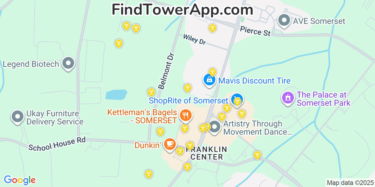 Map showing the 20 primary cell tower locations detected in Franklin Center, New Jersey from AT&T, Verizon, and T-Mobile networks