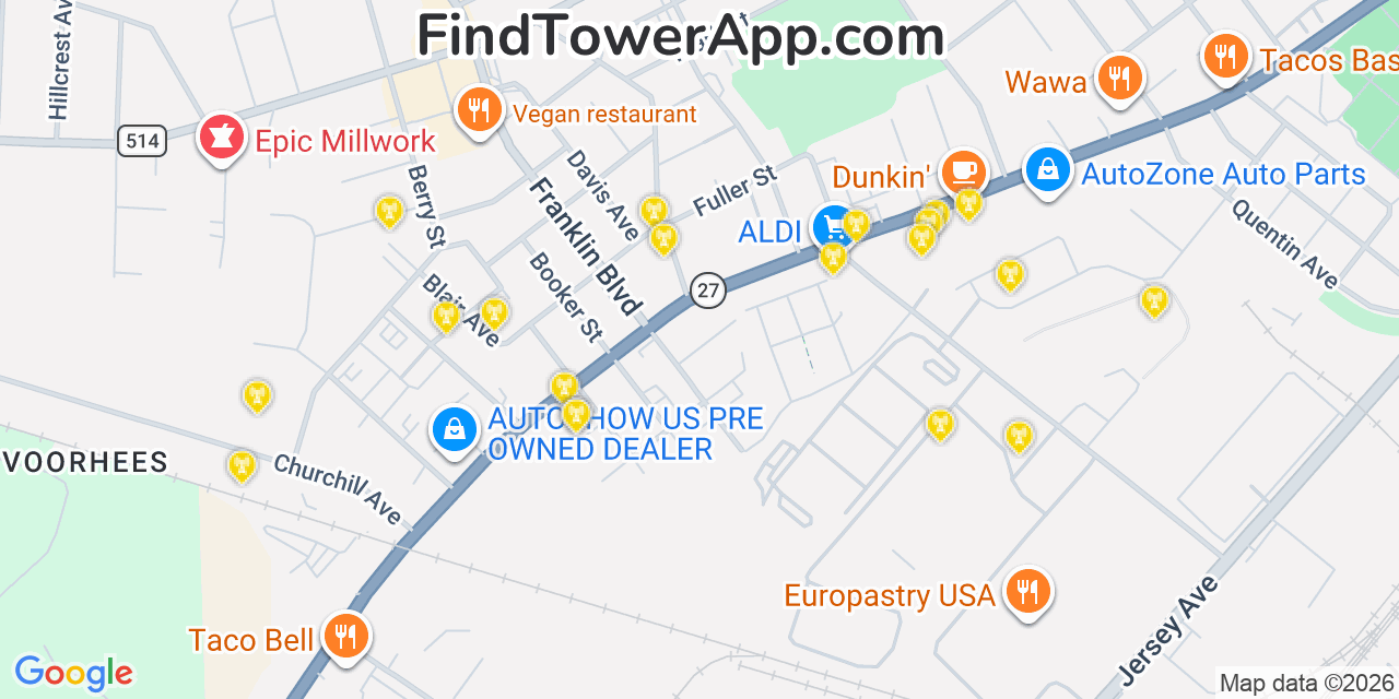 Map showing the 20 primary cell tower locations detected in Franklin Center, New Jersey from AT&T, Verizon, and T-Mobile networks