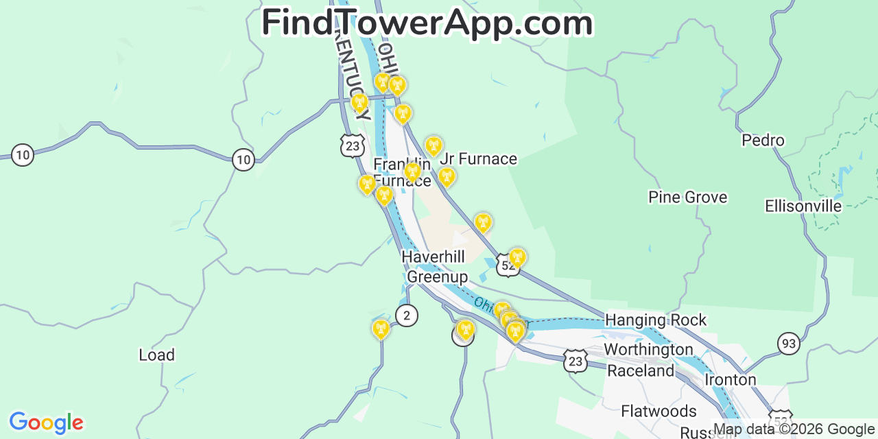 Map showing the 20 primary cell tower locations detected in Franklin Furnace, Ohio from AT&T, Verizon, and T-Mobile networks