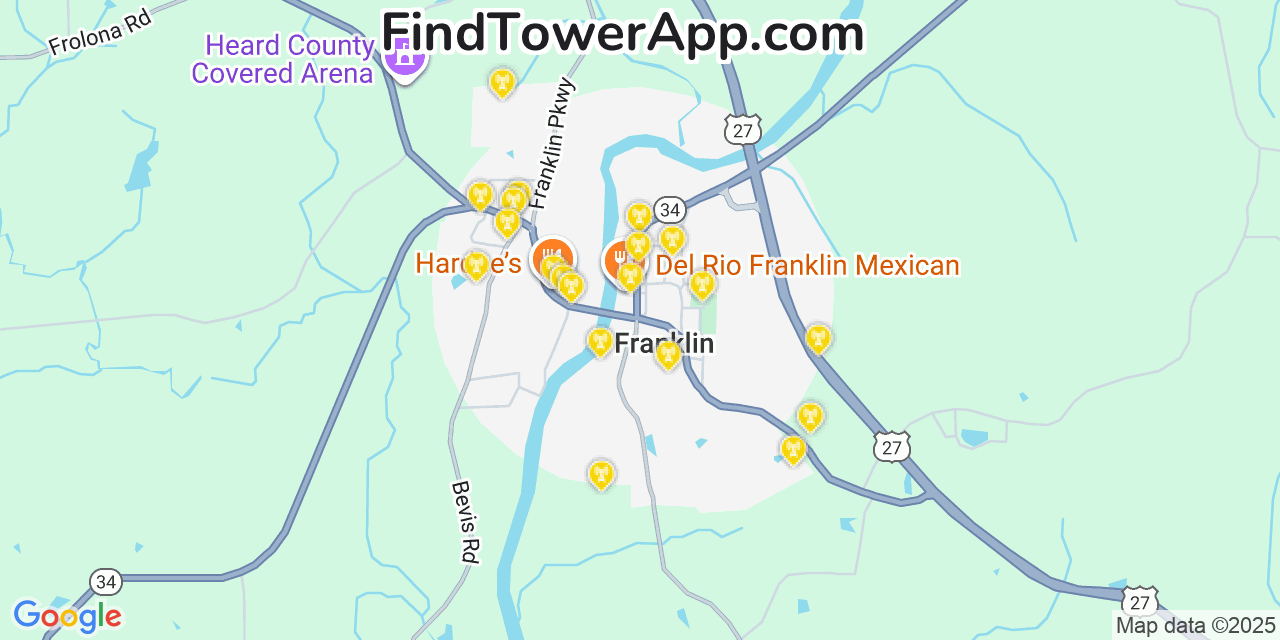Map showing the 20 primary cell tower locations detected in Franklin, Georgia from AT&T, Verizon, and T-Mobile networks