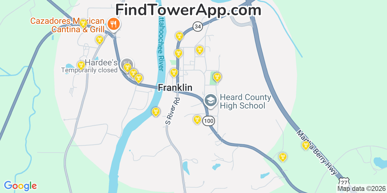 Map showing the 20 primary cell tower locations detected in Franklin, Georgia from AT&T, Verizon, and T-Mobile networks