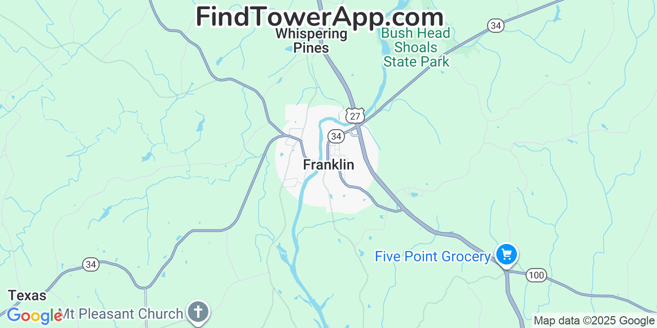 Map showing the 20 primary Mobitel cell tower locations detected in Franklin, Georgia with coverage radius and signal strength indicators