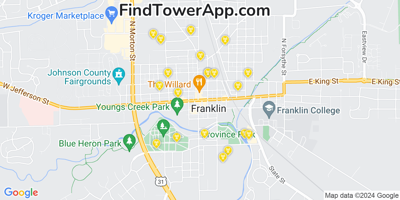 AT&T 4G/5G cell tower coverage map Franklin, Indiana