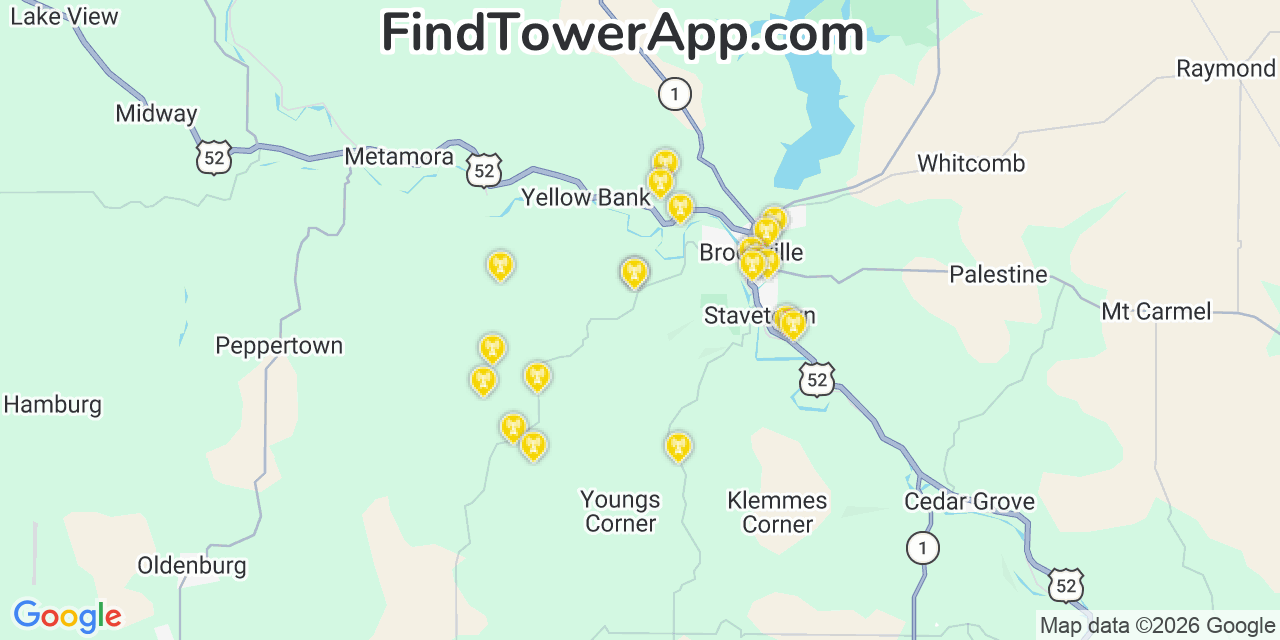 Map showing the 20 primary cell tower locations detected in Franklin, Indiana from AT&T, Verizon, and T-Mobile networks