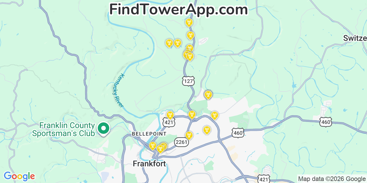 Map showing the 20 primary cell tower locations detected in Franklin, Kentucky from AT&T, Verizon, and T-Mobile networks