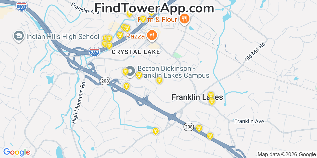 Map showing the 20 primary cell tower locations detected in Franklin Lakes, New Jersey from AT&T, Verizon, and T-Mobile networks