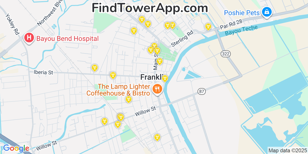 Map showing the 20 primary cell tower locations detected in Franklin, Louisiana from AT&T, Verizon, and T-Mobile networks