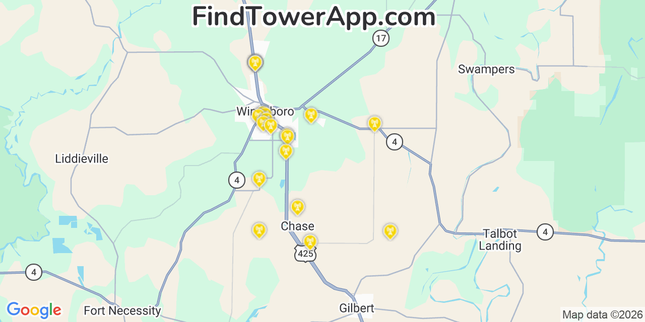 Map showing the 20 primary cell tower locations detected in Franklin, Louisiana from AT&T, Verizon, and T-Mobile networks