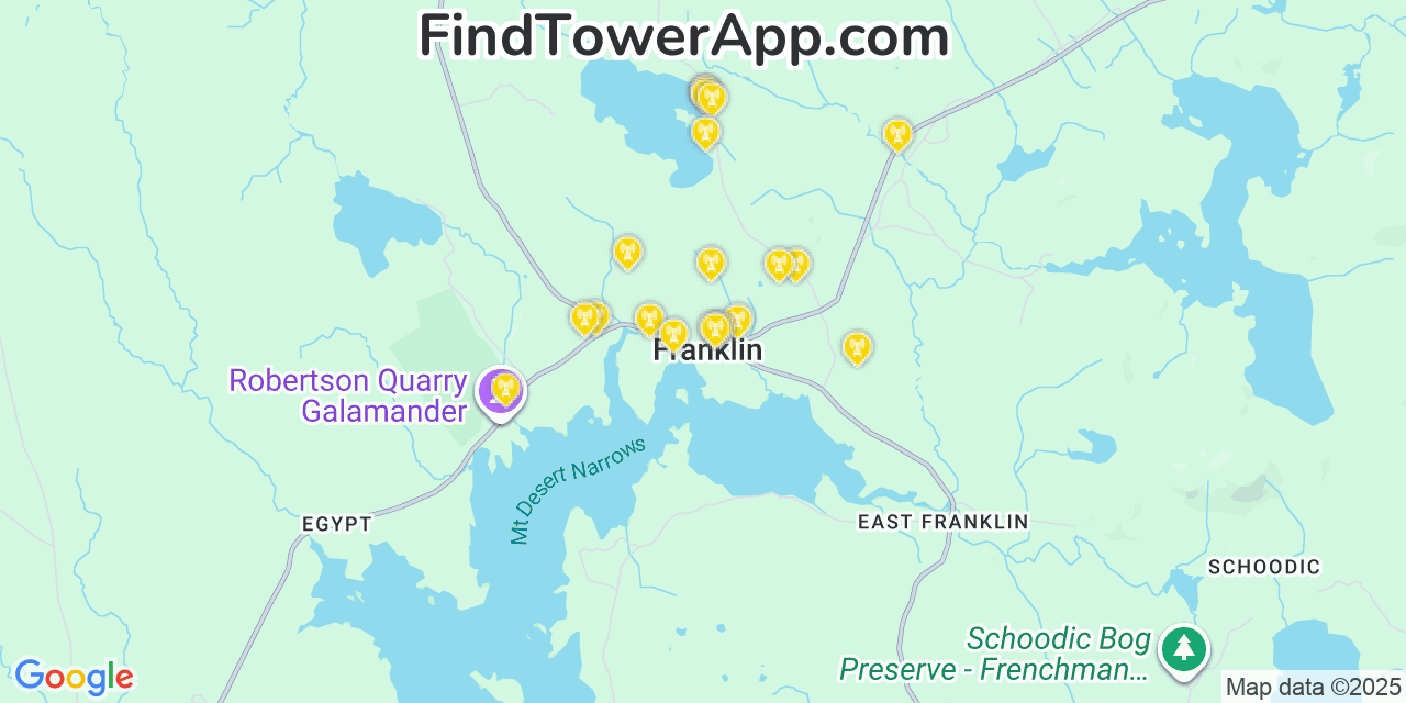 Map showing the 20 primary cell tower locations detected in Franklin, Maine from AT&T, Verizon, and T-Mobile networks