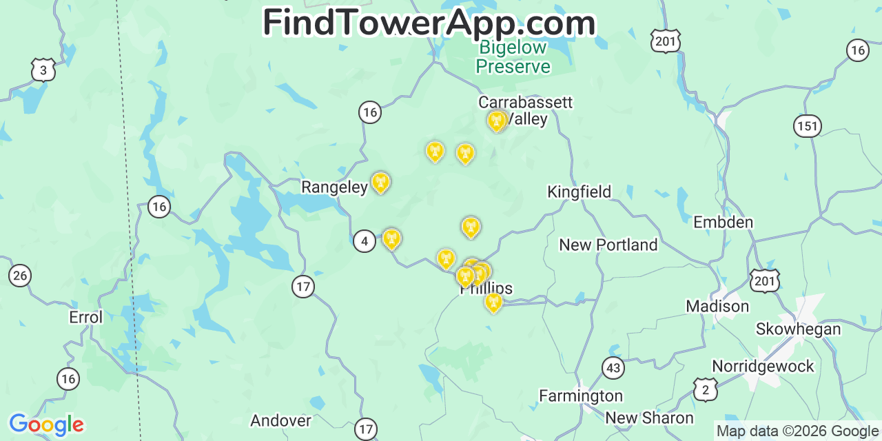 Map showing the 20 primary cell tower locations detected in Franklin, Maine from AT&T, Verizon, and T-Mobile networks