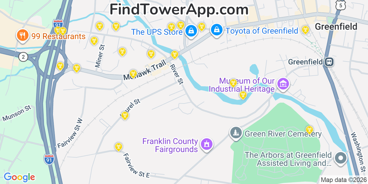 Map showing the 20 primary cell tower locations detected in Franklin, Massachusetts from AT&T, Verizon, and T-Mobile networks