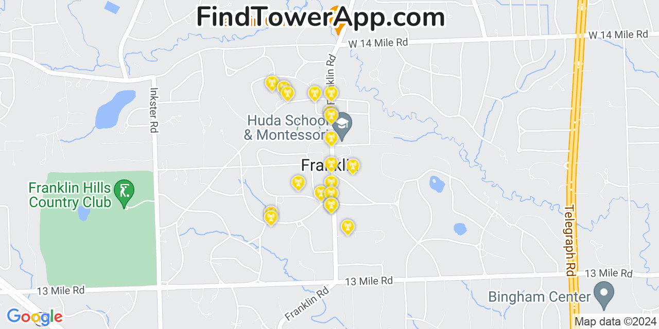 AT&T 4G/5G cell tower coverage map Franklin, Michigan