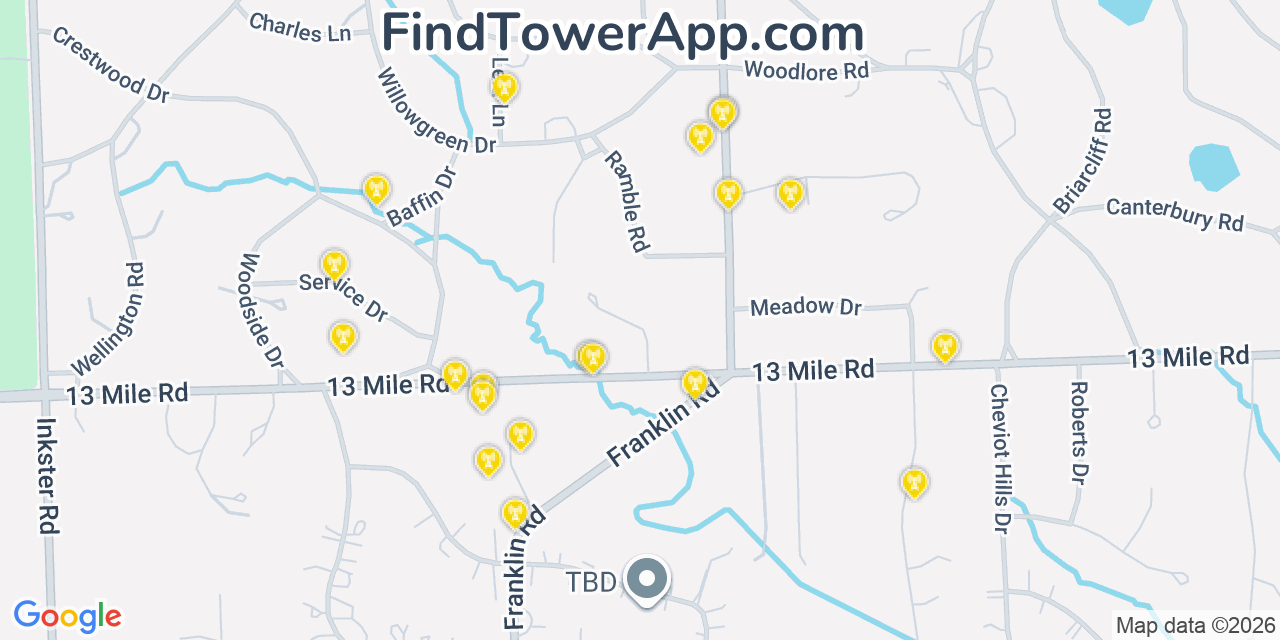 Map showing the 20 primary cell tower locations detected in Franklin, Michigan from AT&T, Verizon, and T-Mobile networks