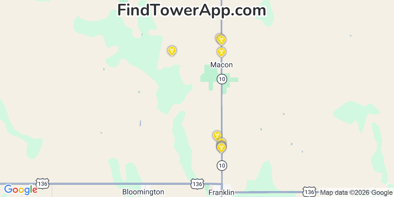 Map showing the 20 primary cell tower locations detected in Franklin, Nebraska from AT&T, Verizon, and T-Mobile networks