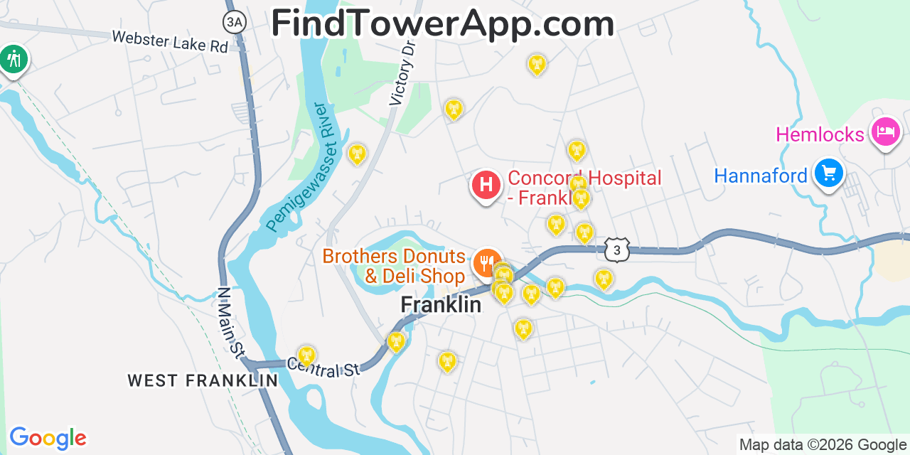 Map showing the 20 primary cell tower locations detected in Franklin, New Hampshire from AT&T, Verizon, and T-Mobile networks