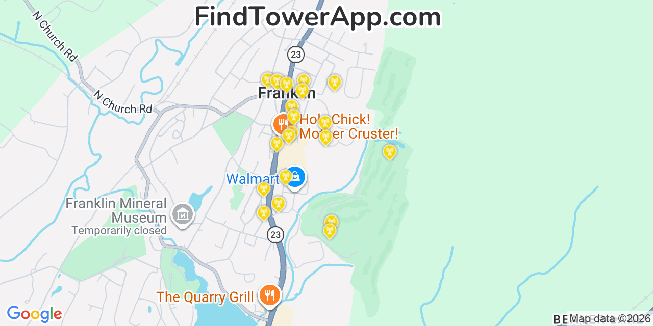 Map showing the 20 primary cell tower locations detected in Franklin, New Jersey from AT&T, Verizon, and T-Mobile networks
