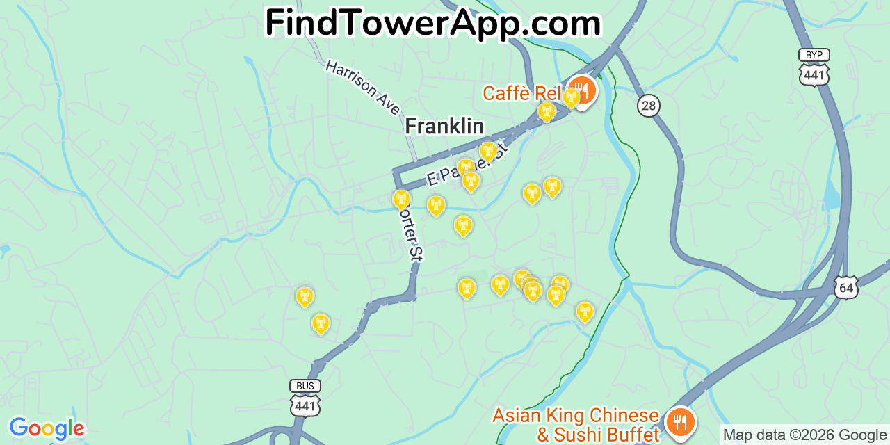Map showing the 20 primary cell tower locations detected in Franklin, North Carolina from AT&T, Verizon, and T-Mobile networks