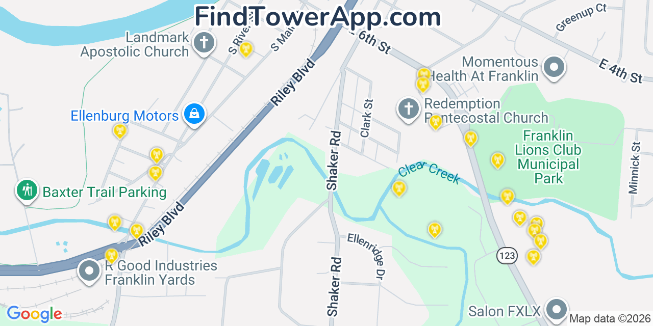 Map showing the 20 primary cell tower locations detected in Franklin, Ohio from AT&T, Verizon, and T-Mobile networks