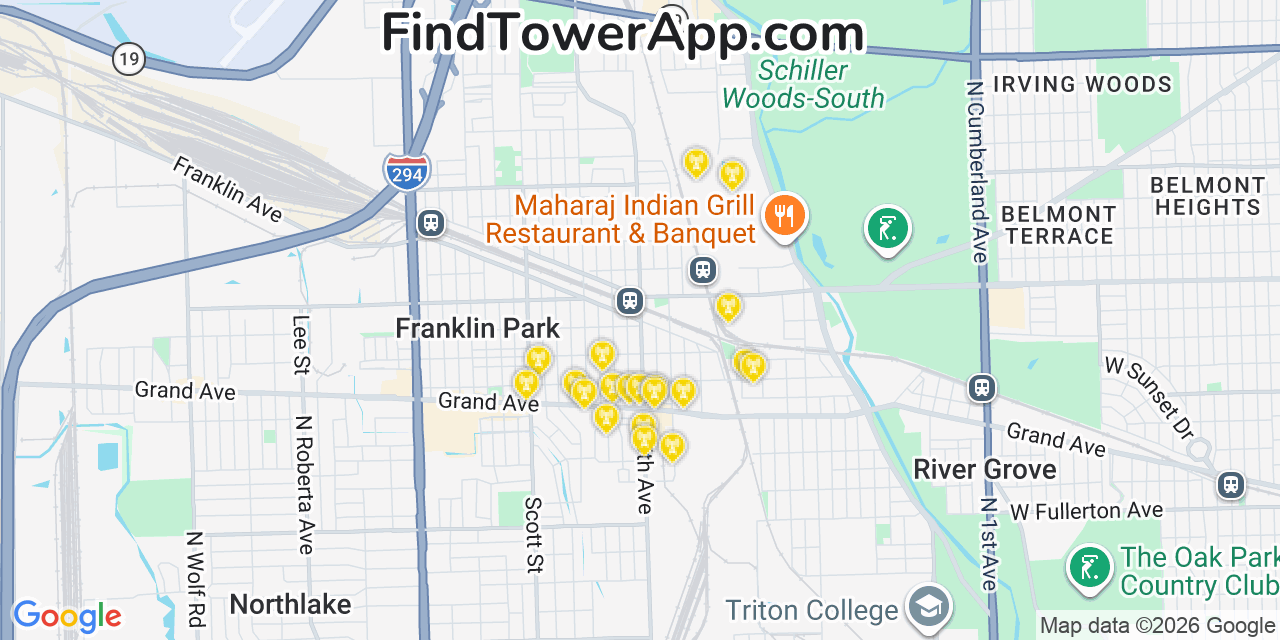 Map showing the 20 primary cell tower locations detected in Franklin Park, Illinois from AT&T, Verizon, and T-Mobile networks