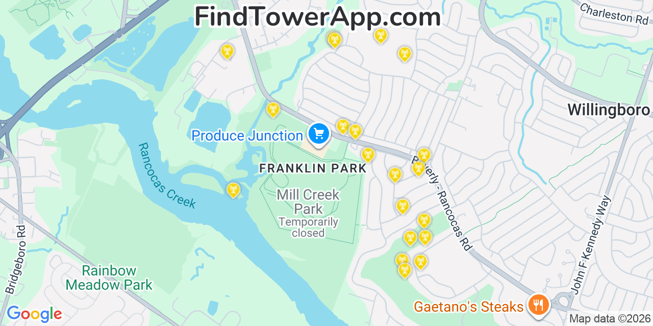 Map showing the 20 primary cell tower locations detected in Franklin Park, New Jersey from AT&T, Verizon, and T-Mobile networks