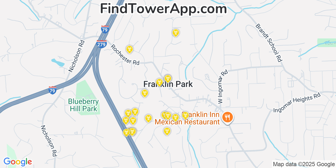 Map showing the 20 primary cell tower locations detected in Franklin Park, Pennsylvania from AT&T, Verizon, and T-Mobile networks
