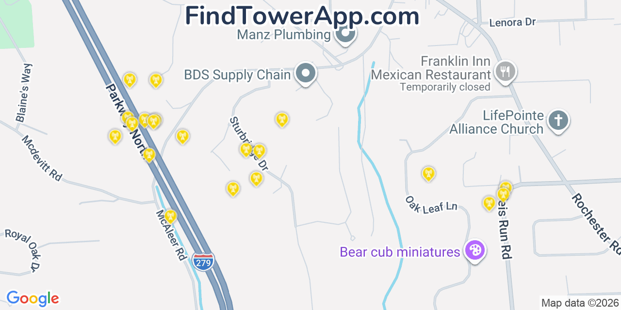 Map showing the 20 primary cell tower locations detected in Franklin Park, Pennsylvania from AT&T, Verizon, and T-Mobile networks