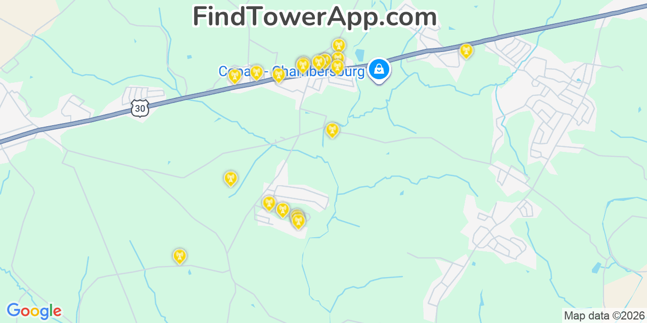 Map showing the 20 primary cell tower locations detected in Franklin, Pennsylvania from AT&T, Verizon, and T-Mobile networks