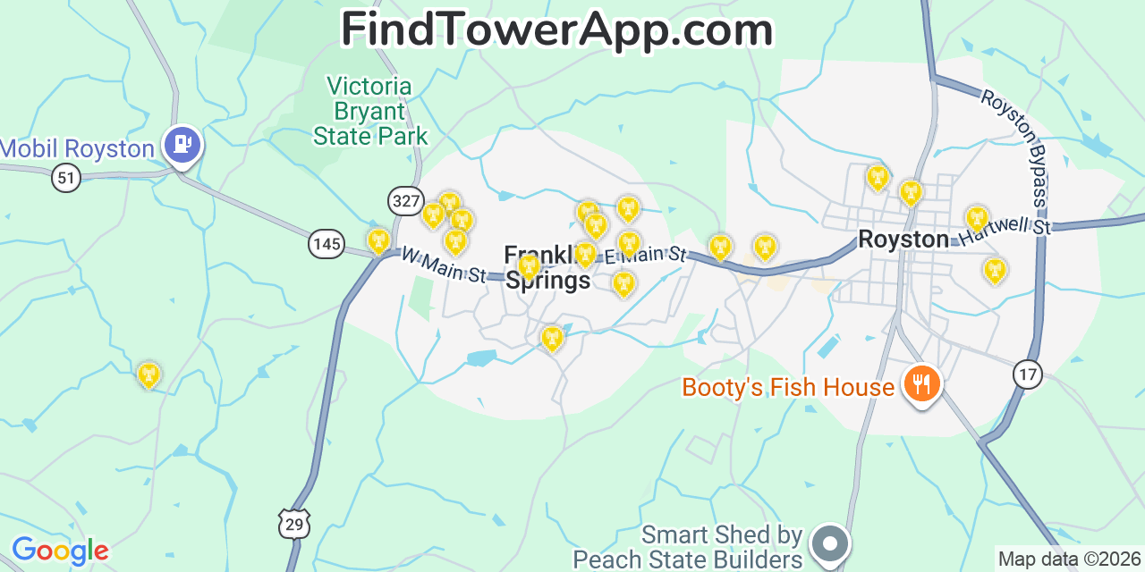 Map showing the 20 primary cell tower locations detected in Franklin Springs, Georgia from AT&T, Verizon, and T-Mobile networks