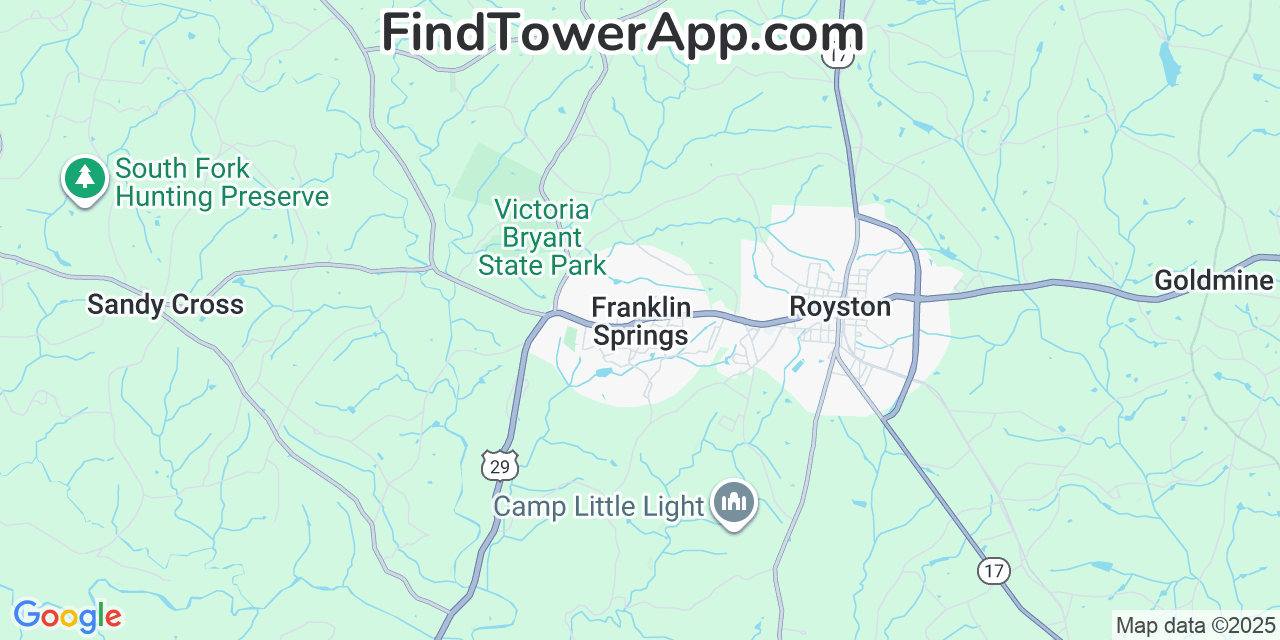 Map showing the 20 primary Mobitel cell tower locations detected in Franklin Springs, Georgia with coverage radius and signal strength indicators