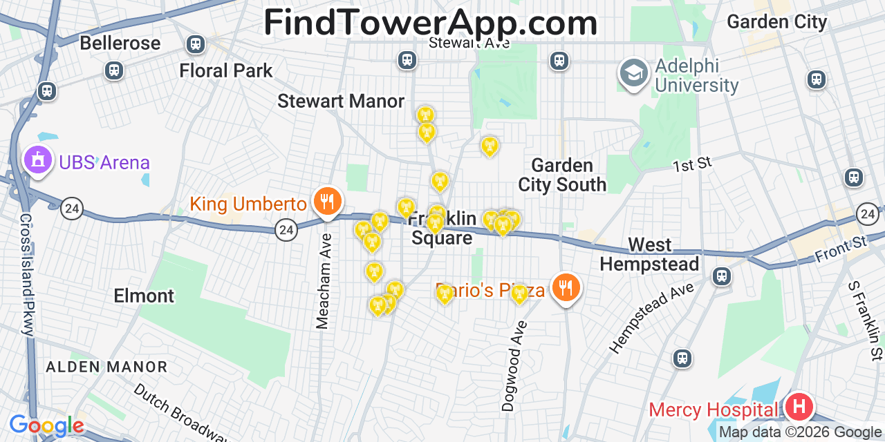 Map showing the 20 primary cell tower locations detected in Franklin Square, New York from AT&T, Verizon, and T-Mobile networks