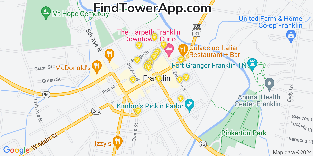 AT&T 4G/5G cell tower coverage map Franklin, Tennessee