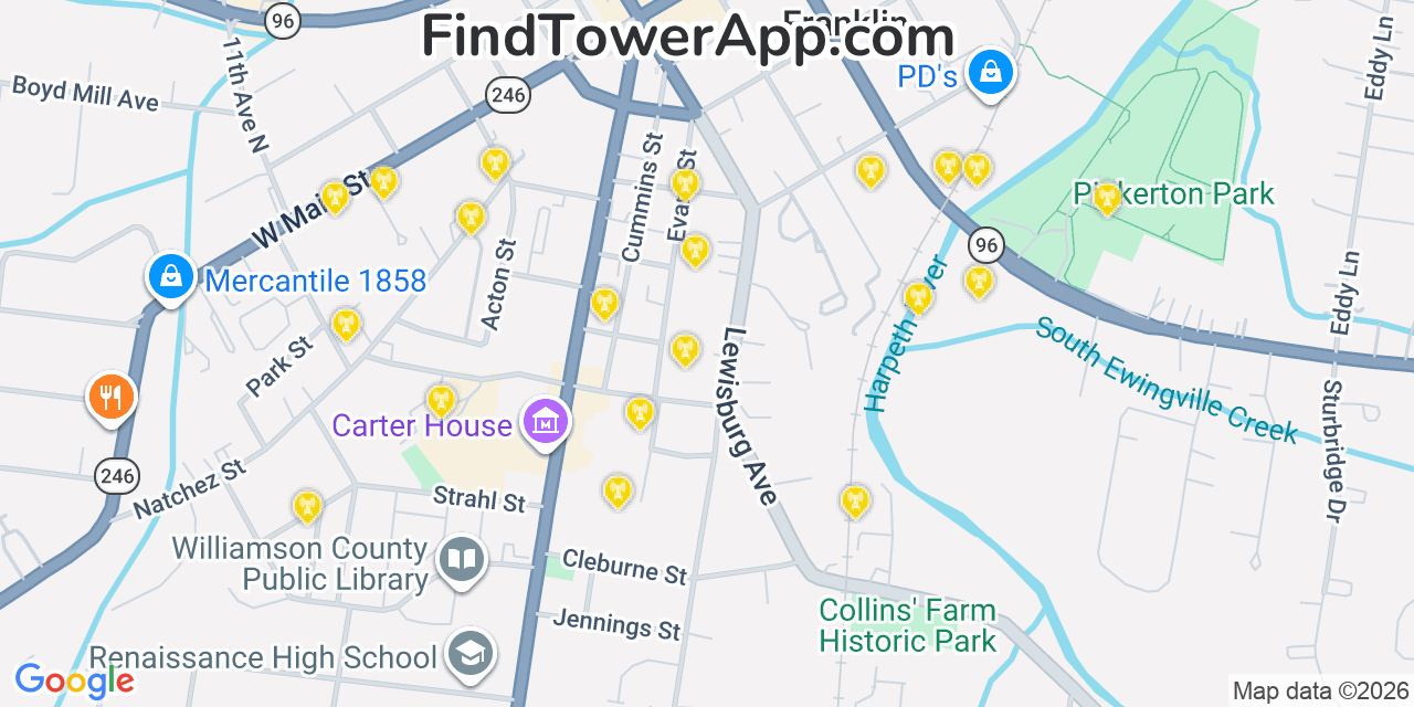Map showing the 20 primary cell tower locations detected in Franklin, Tennessee from AT&T, Verizon, and T-Mobile networks