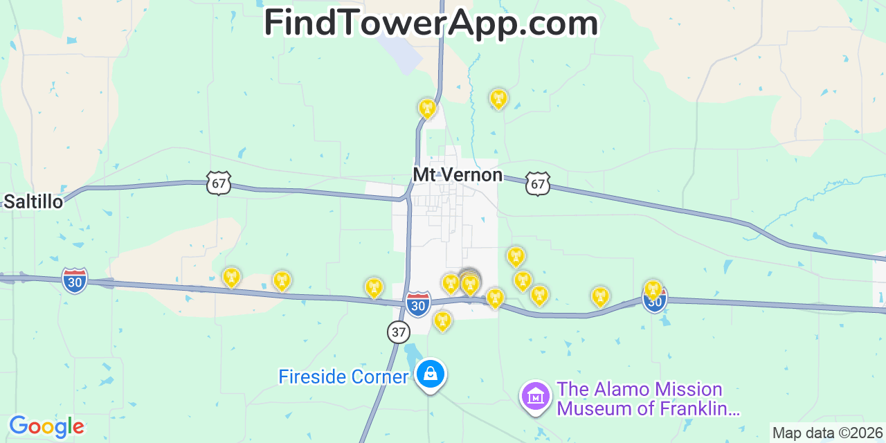 Map showing the 20 primary cell tower locations detected in Franklin, Texas from AT&T, Verizon, and T-Mobile networks