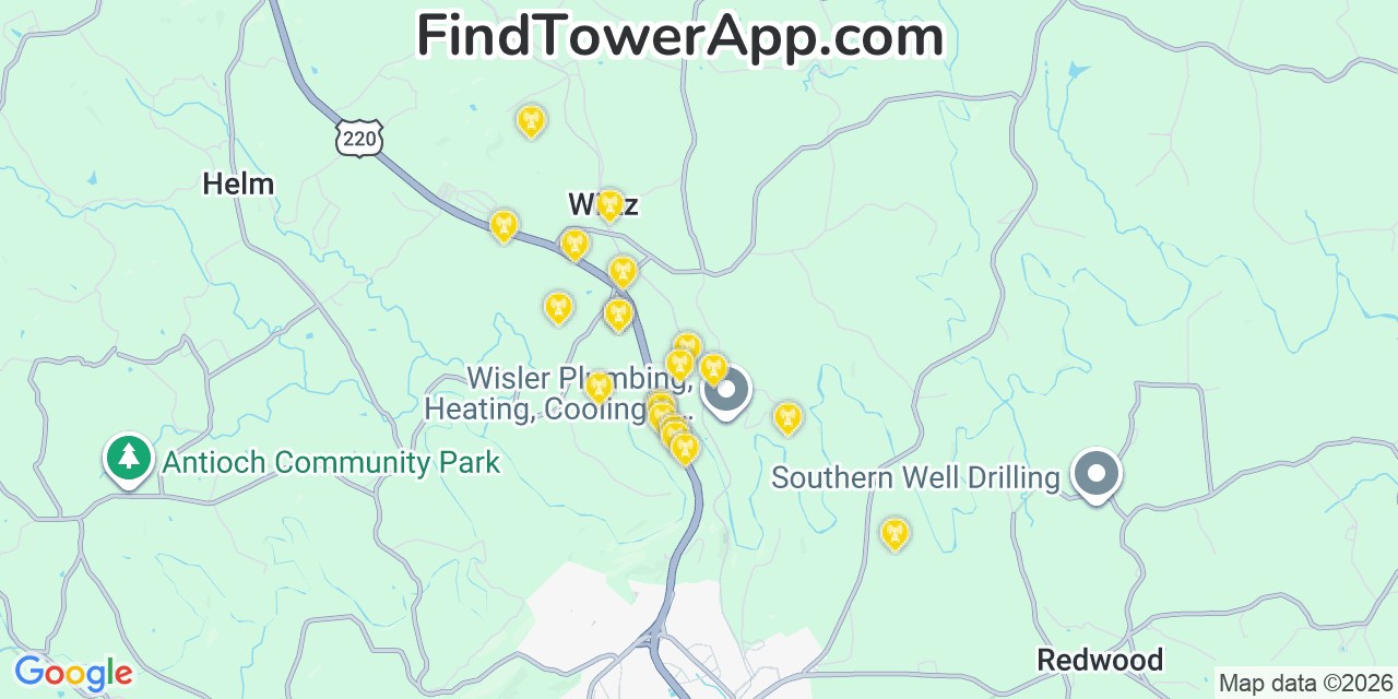 Map showing the 20 primary cell tower locations detected in Franklin, Virginia from AT&T, Verizon, and T-Mobile networks